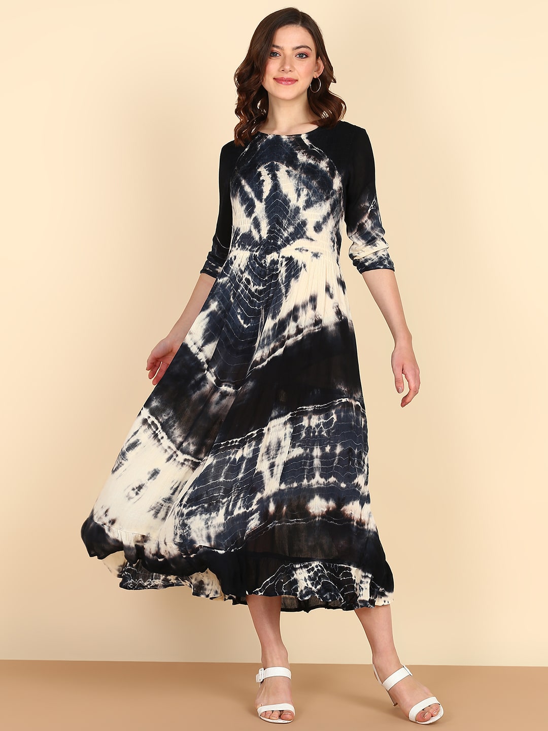 Rayon Tie and Dye A-Line Beige Midi Dress (W1214) –