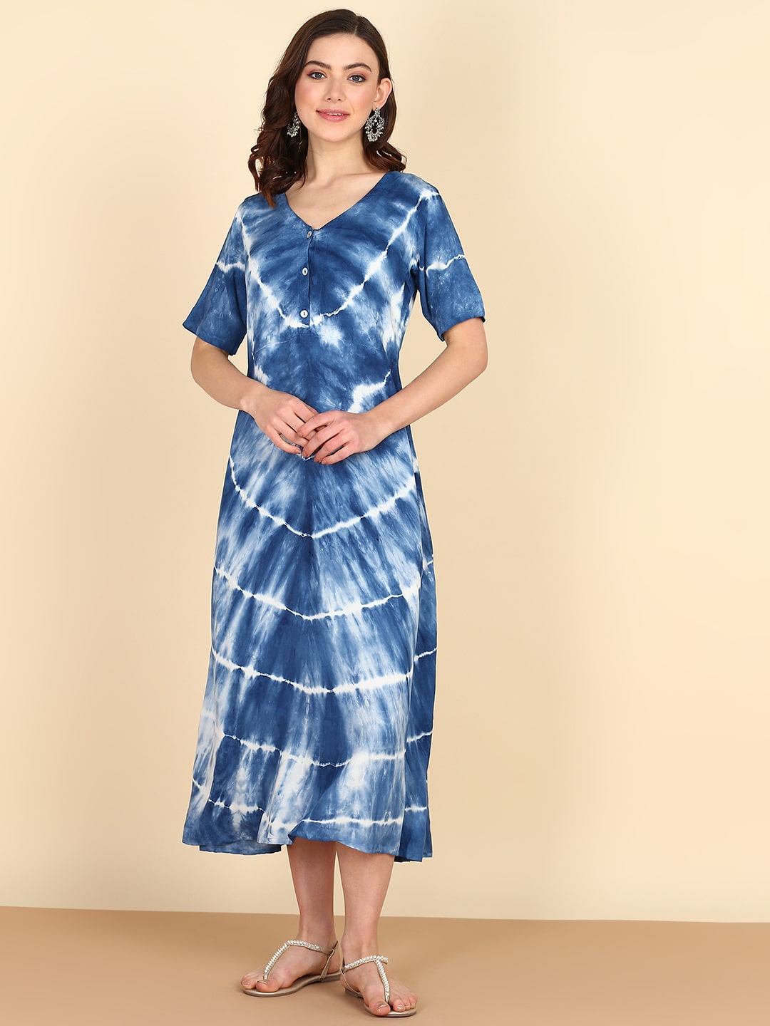 Rayon Tie Dye Blue A-Line Midi Dress (W1258)  Jaipurhues.com