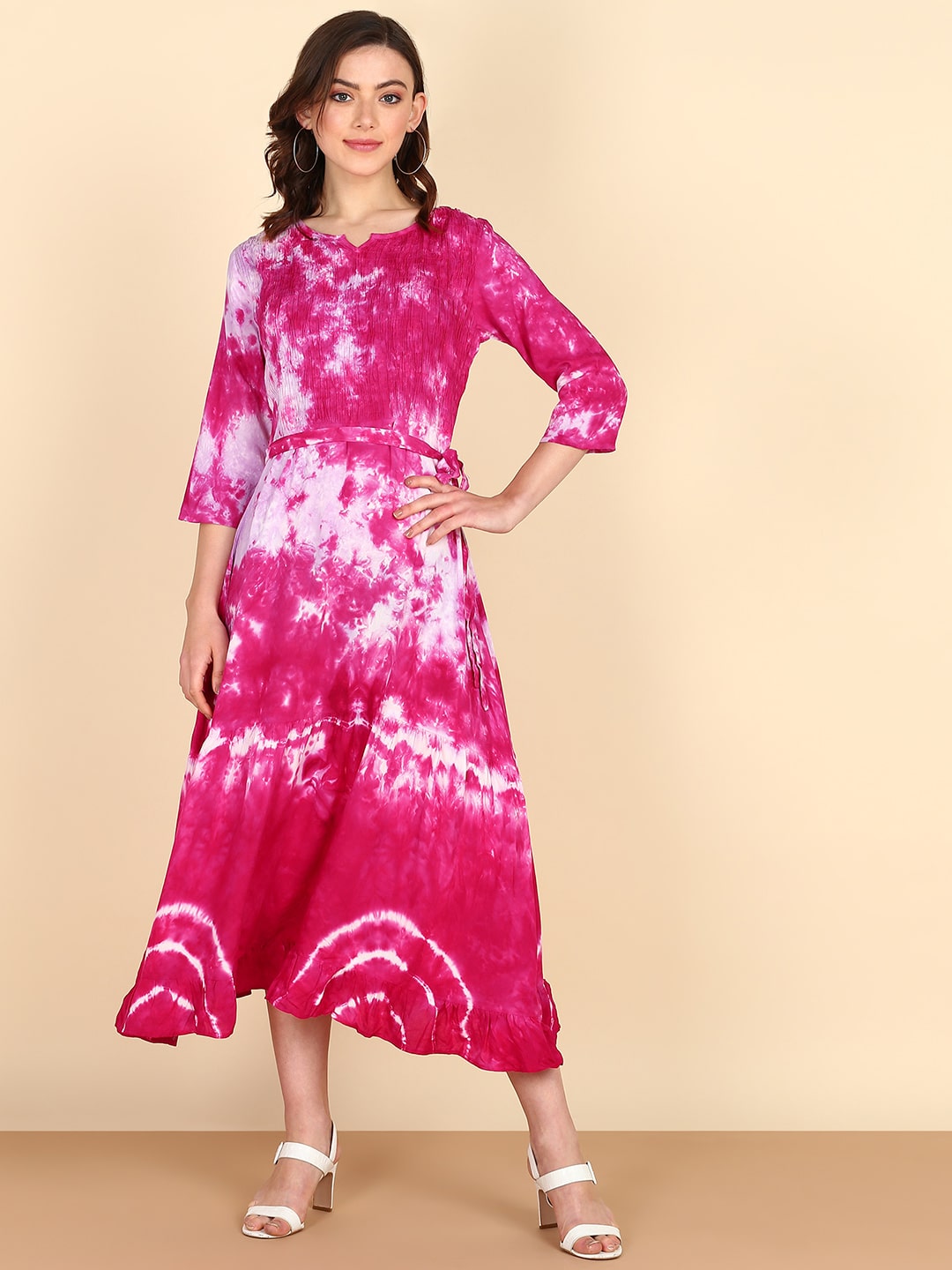 Rayon Tie dye Rose Pink Fit Flare Belted Dress (W1268)