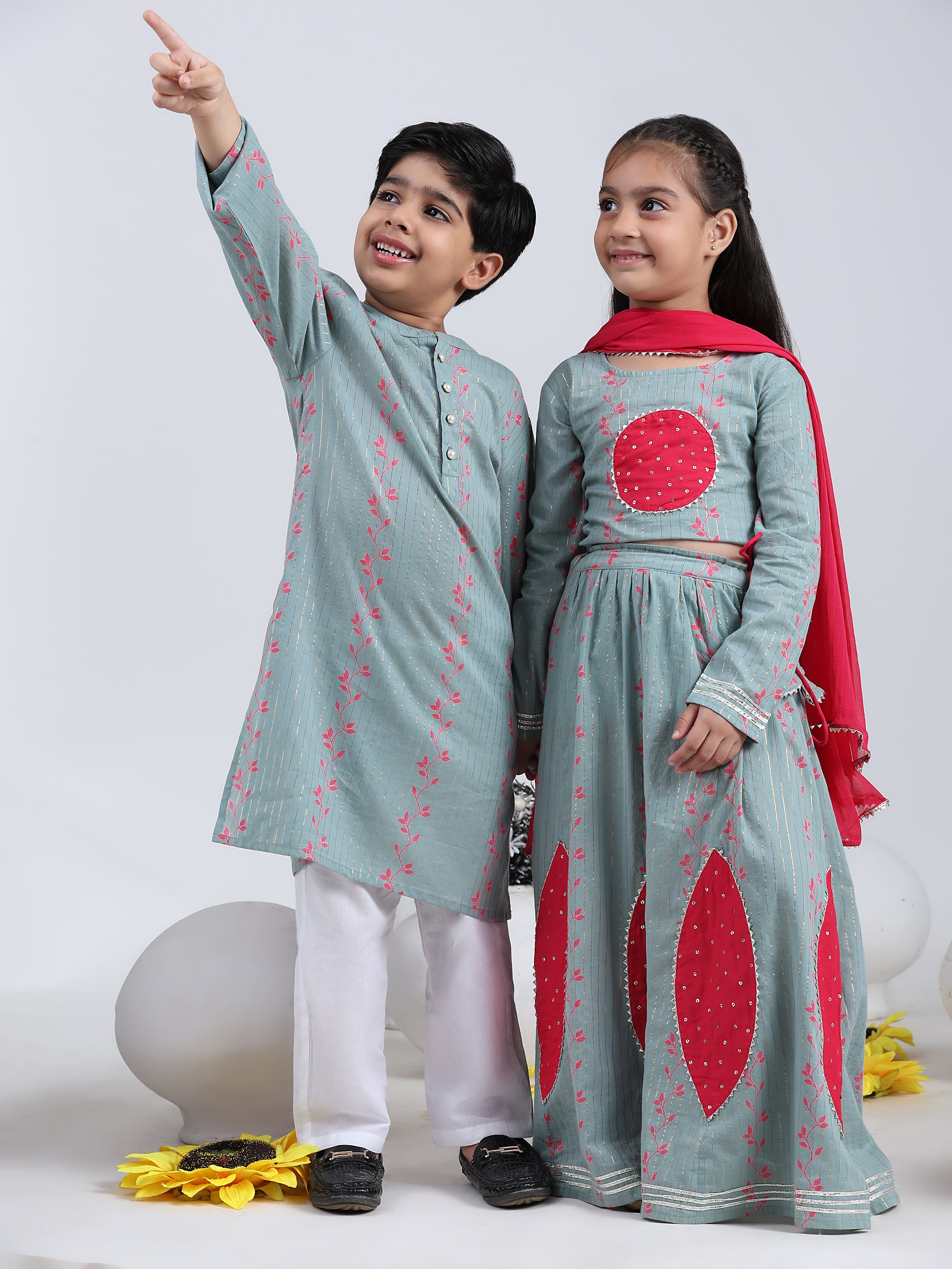 Ethnic Wear Brother Sister Top Bottom Combo Set Grey (COMBOBS9054