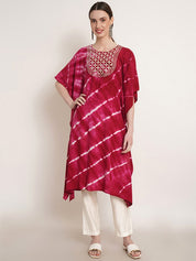 Pink White Tie Dye Embroidery Work Rayon Staple Kaftan Kurta (W1382)