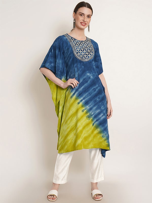 Green & Blue Tie Dye Embroidery Work Rayon Staple Kaftan Kurta (W1383)