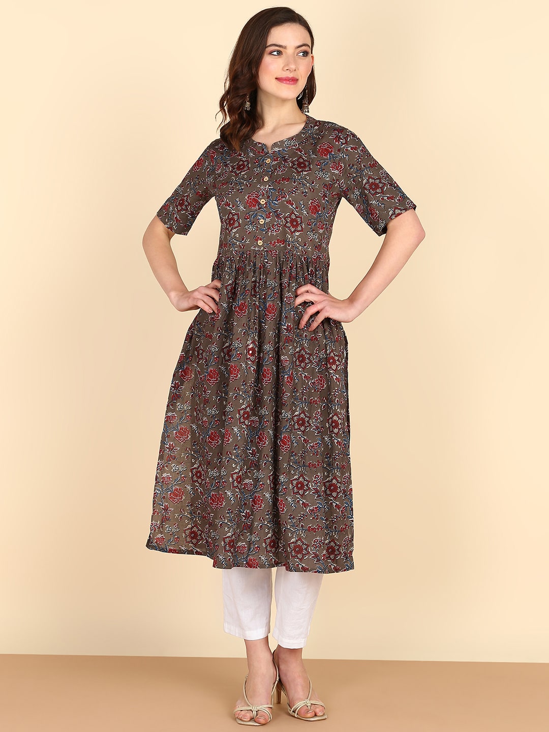 Pure Cotton Floral Printed Brown Flared Kurta (W1230)