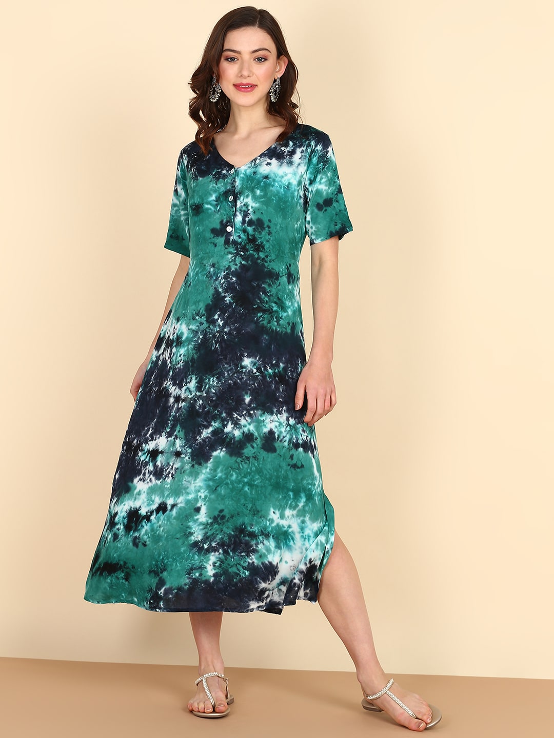 green and blue tie dye dress Kate Maxi Caftan with Embroidery in Blue/Green Tie Dye by ExVoto main image 1