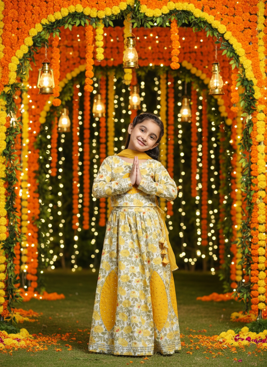 Cotton Floral Printed Yellow lehenga Choli Dress with Dupatta (K1041)