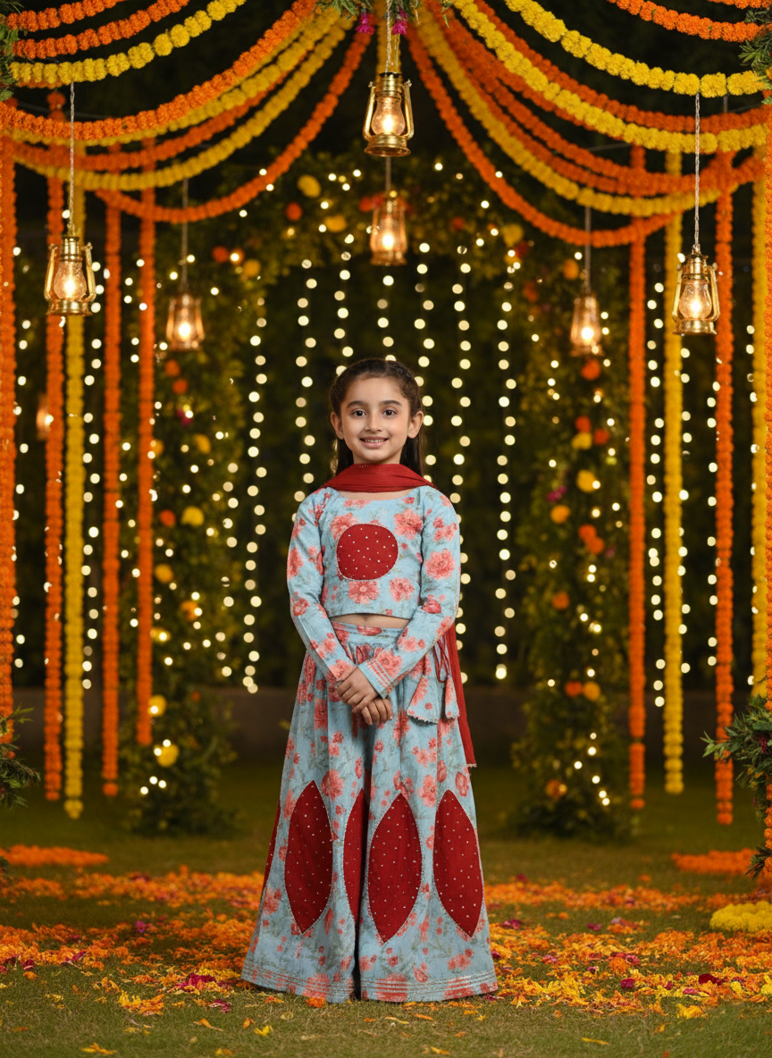 Cotton Floral Printed Teal lehenga Choli Dress with Dupatta (K1042)