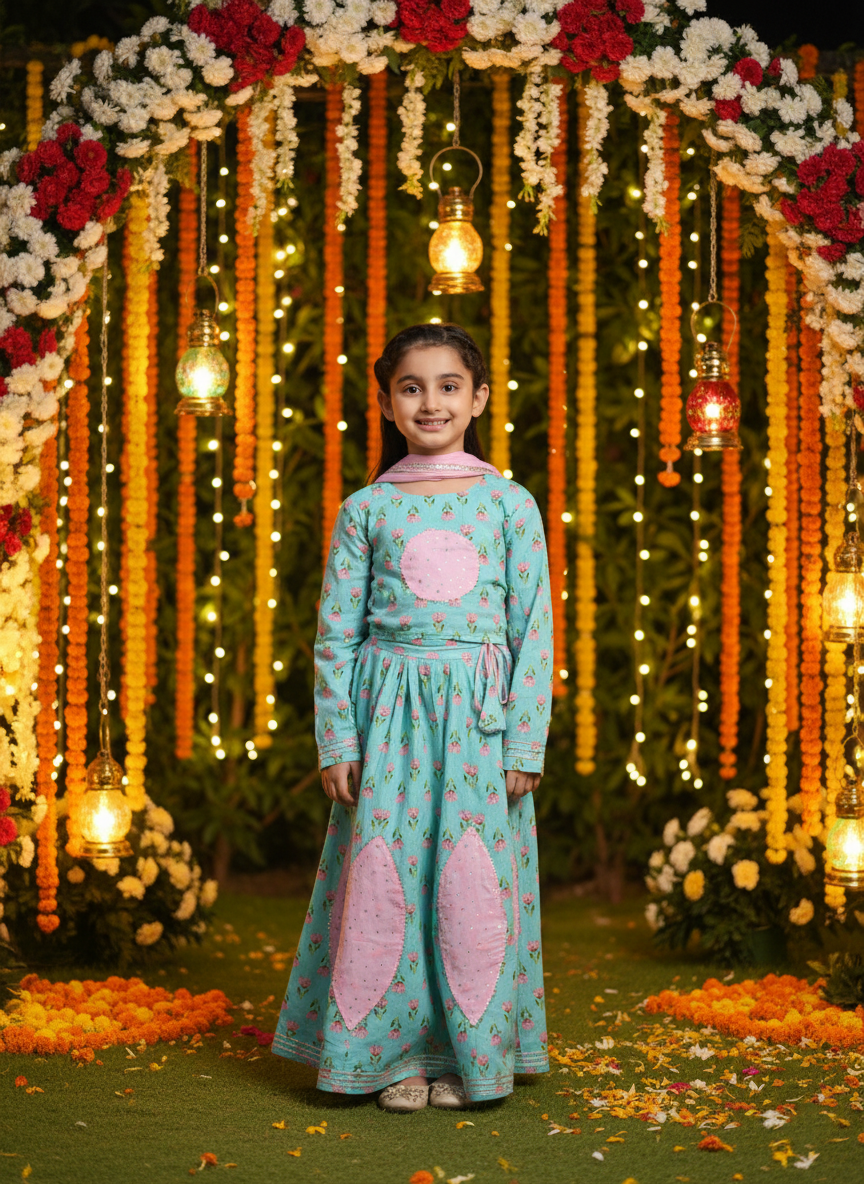 Cotton Floral Printed Green lehenga Choli Dress with Dupatta (K1043)