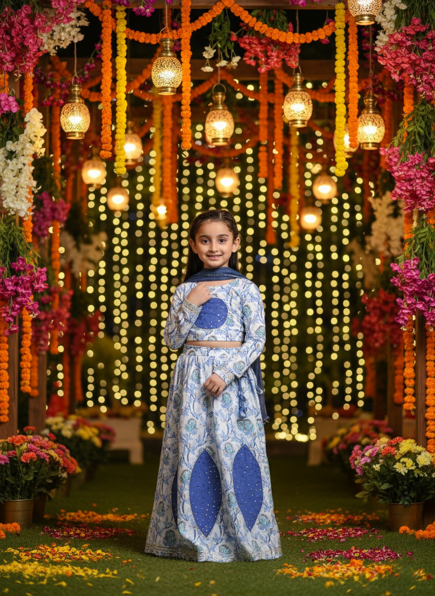 Cotton Floral Printed Blue lehenga Choli Dress with Dupatta (K1045)