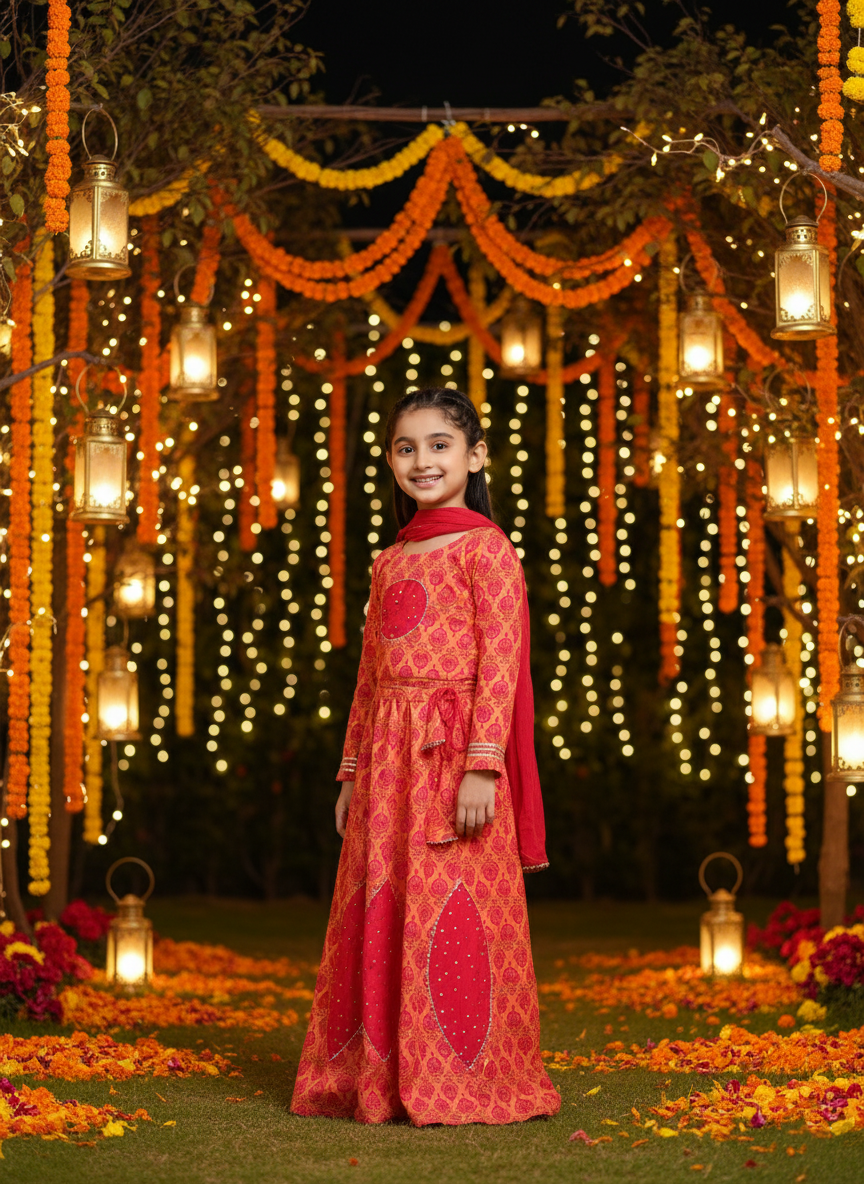 Cotton Boota Printed Orange lehenga Choli Dress with Dupatta (K1046)