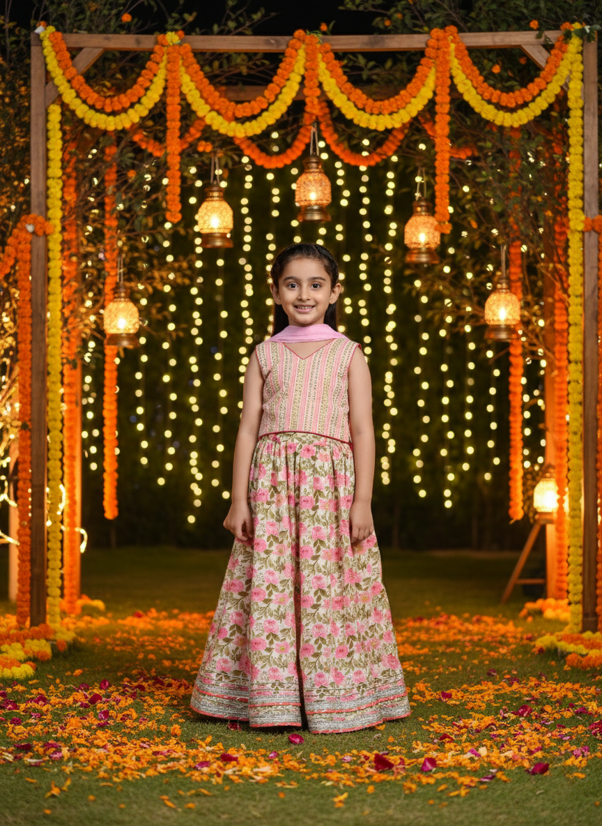 Cotton Floral Printed Pink lehenga Choli Dress with Dupatta (K1048)