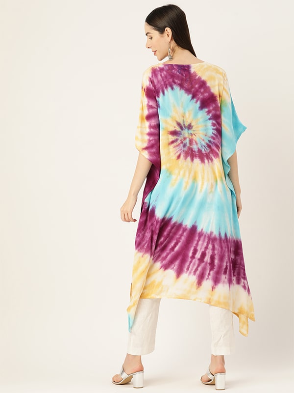 Women Rayon Tie & Dye Spiral Pink Yellow Kaftan Dress (W1347)