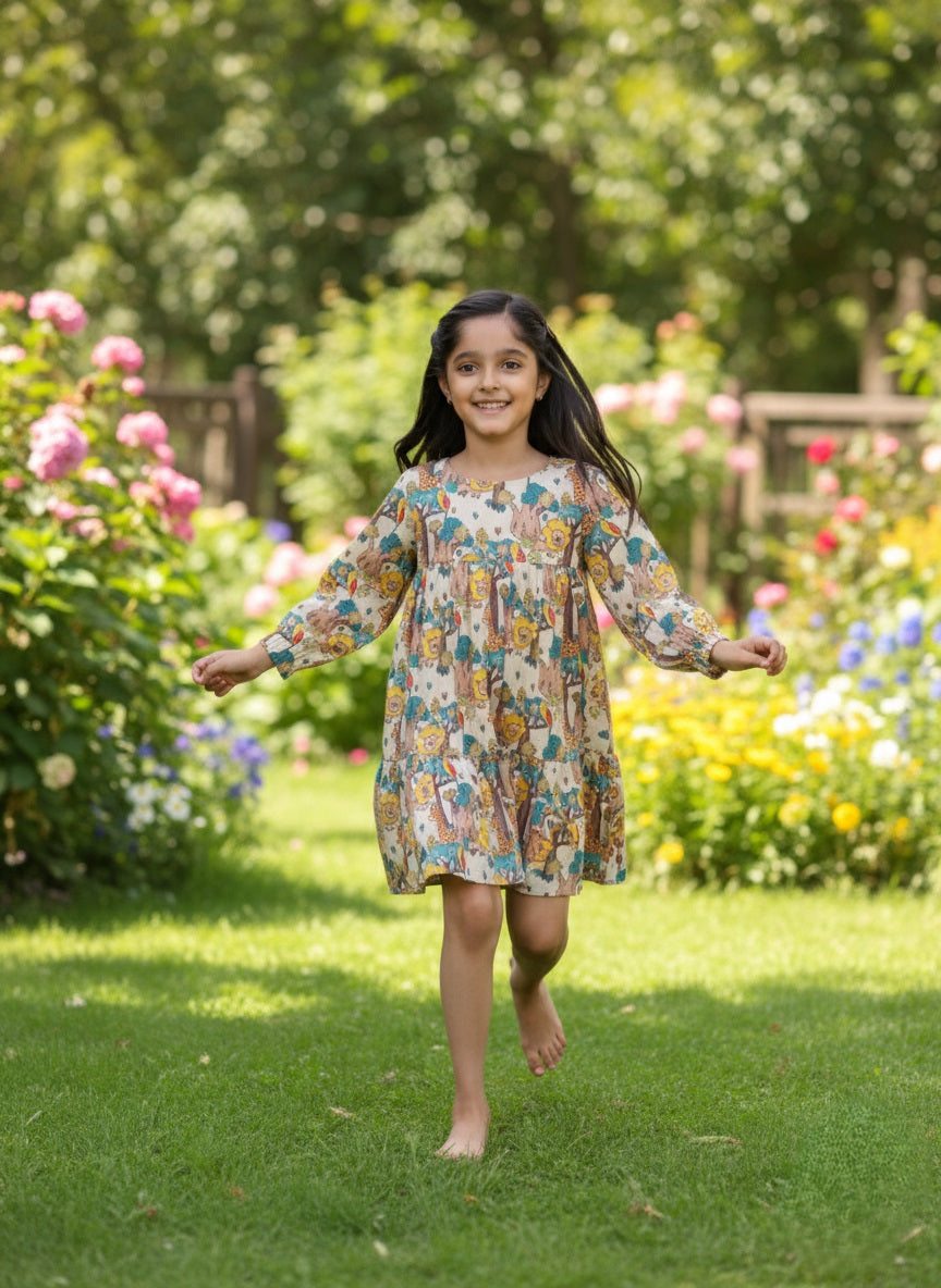 Cotton Fit and Flare Printed Dress for Girls (K11056)
