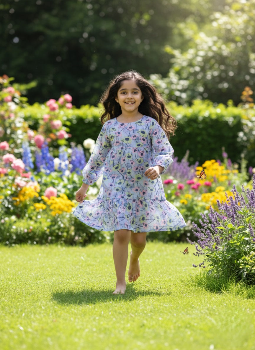 Cotton Fit and Flare Floral Print Purple Dress for Girls (K11057)
