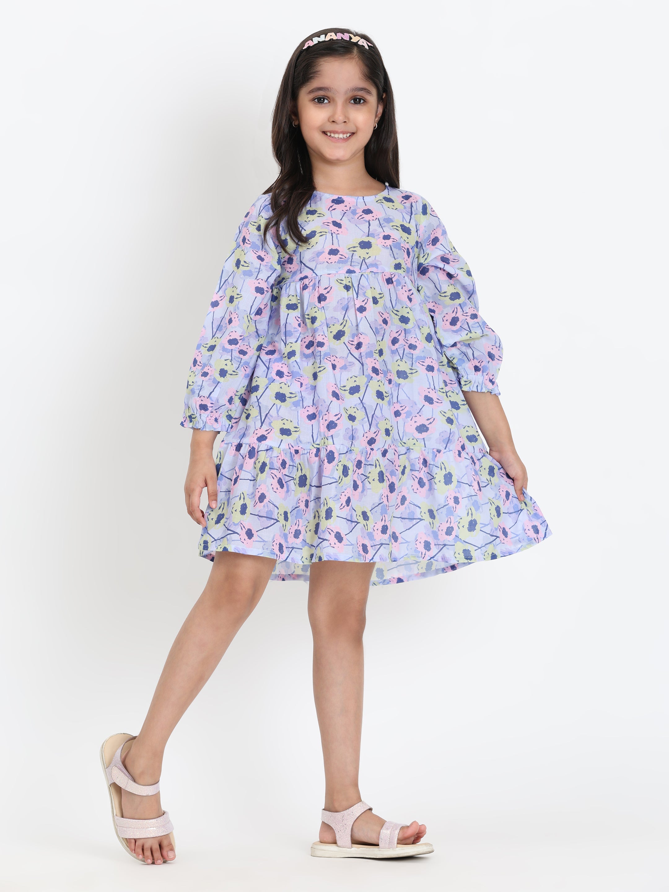 Cotton Fit and Flare Floral Print Purple Dress for Girls (K11057)