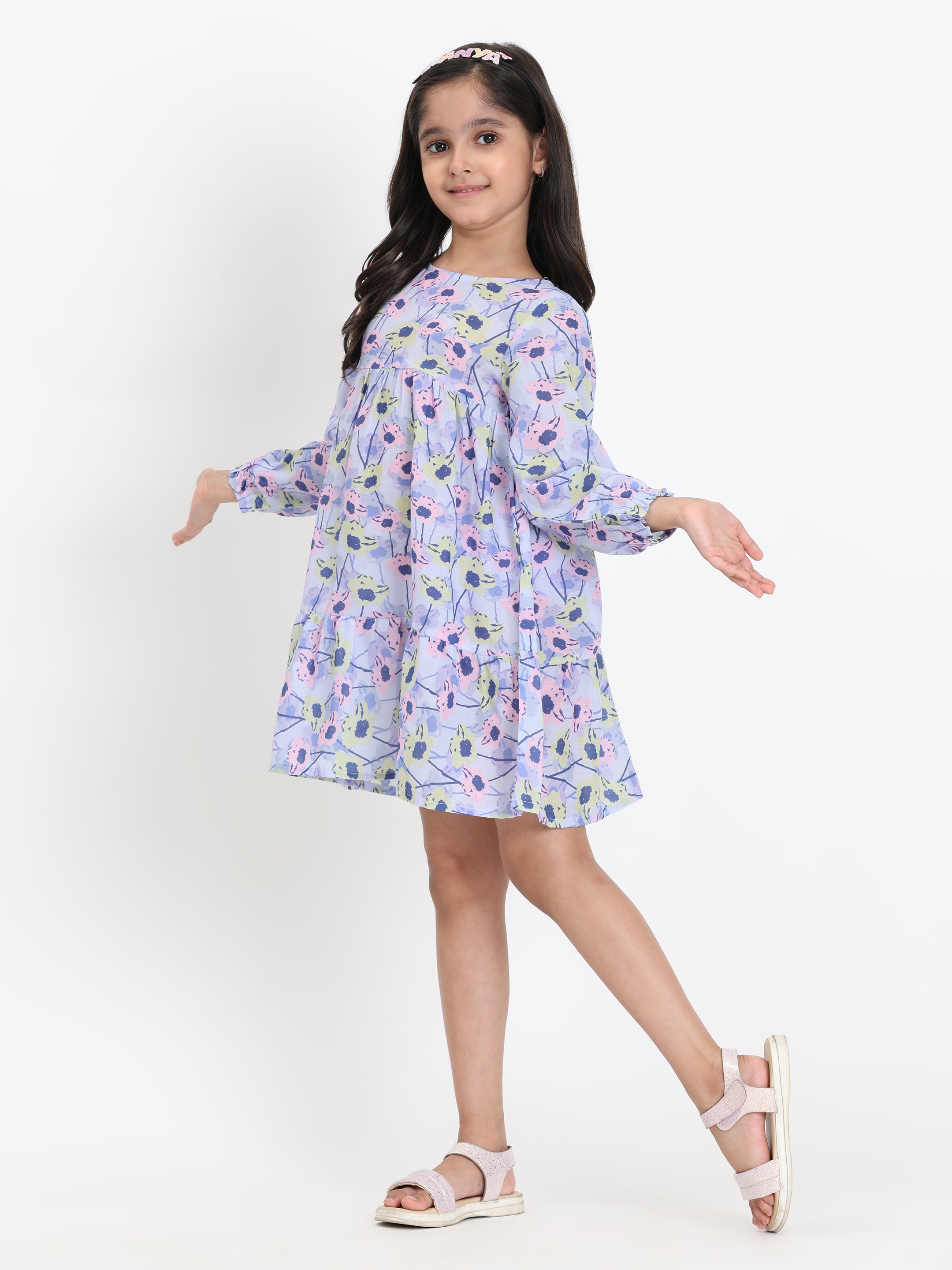 Cotton Fit and Flare Floral Print Purple Dress for Girls (K11057)