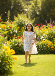 Cotton White Printed Fit and Flare Dress for Girls (K11058)