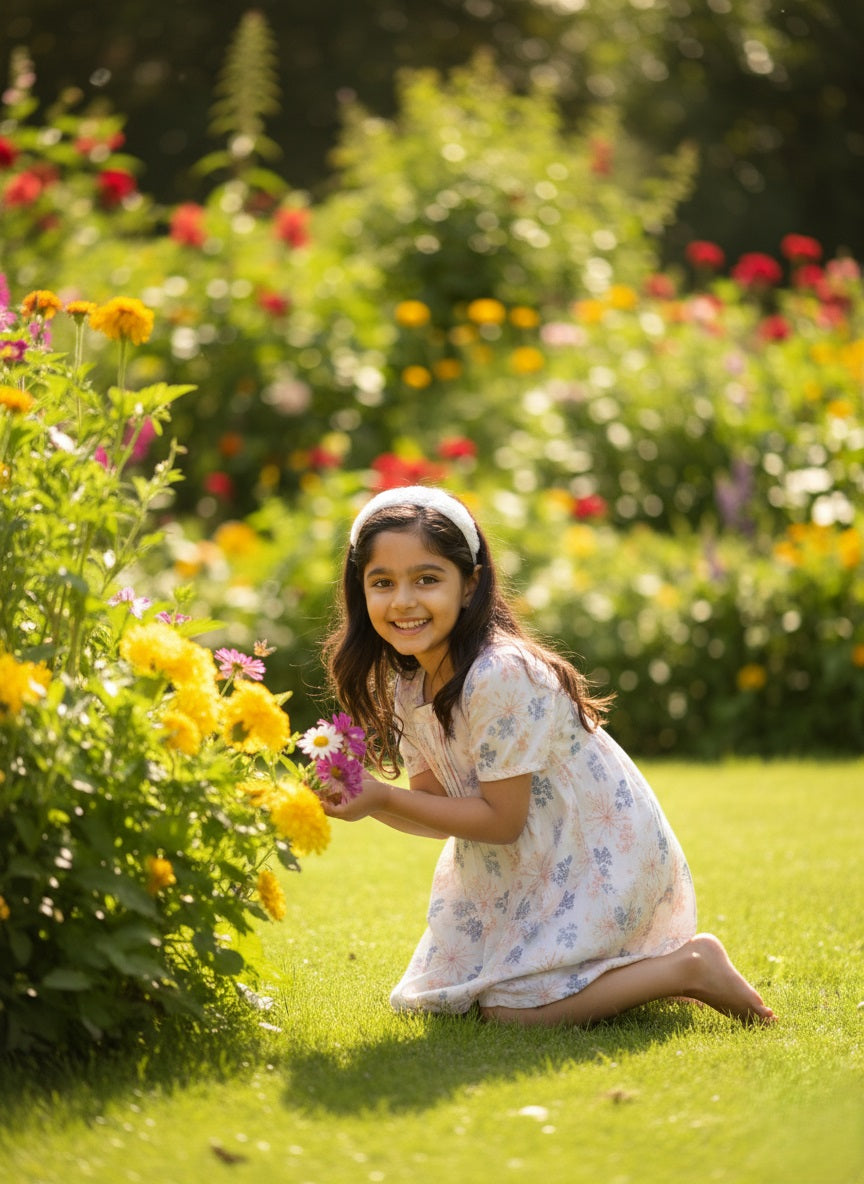Cotton White Printed Fit and Flare Dress for Girls (K11058)