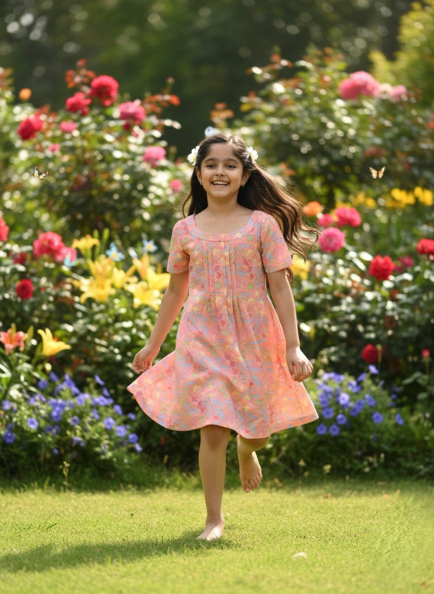 Cotton Leaf Printed Fit and Flare Pink Dress for Girls (K11059)
