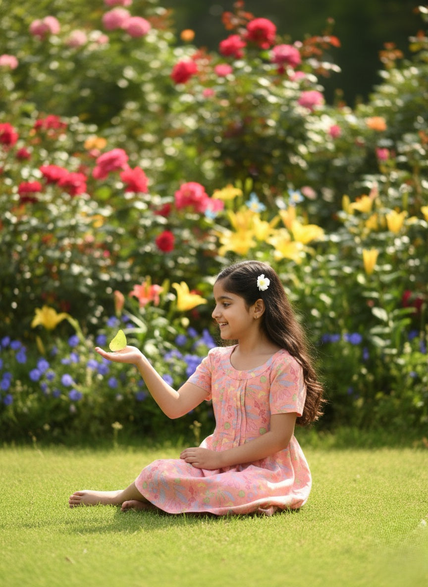 Cotton Leaf Printed Fit and Flare Pink Dress for Girls (K11059)