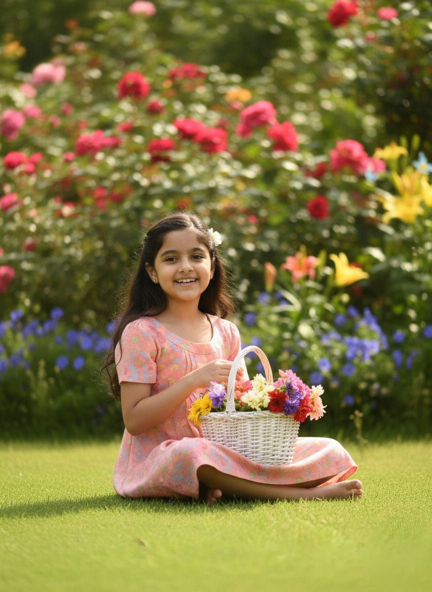 Cotton Leaf Printed Fit and Flare Pink Dress for Girls (K11059)