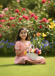 Cotton Leaf Printed Fit and Flare Pink Dress for Girls (K11059)