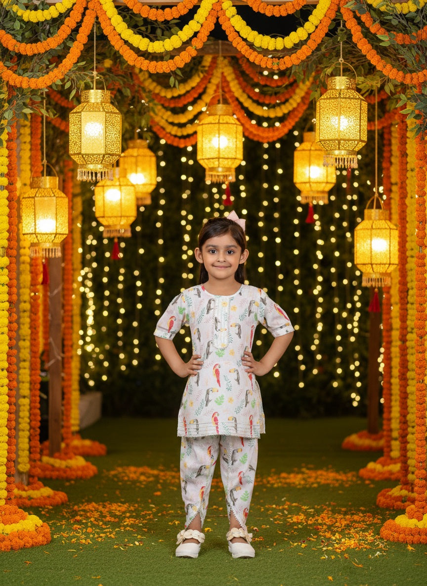 Girls White Tropical Print Cotton Blend Kurta And Dhoti Pant Set (K11070)