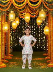Girls White Tropical Print Cotton Blend Kurta And Dhoti Pant Set (K11070)