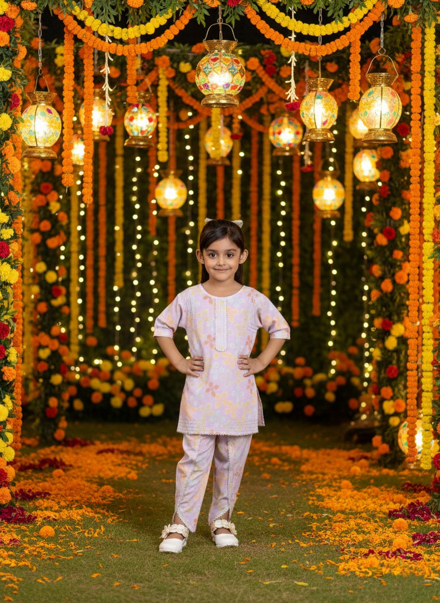 Girls Light Purple Tropical Print Cotton Blend Kurta And Dhoti Pant Set (K11071)