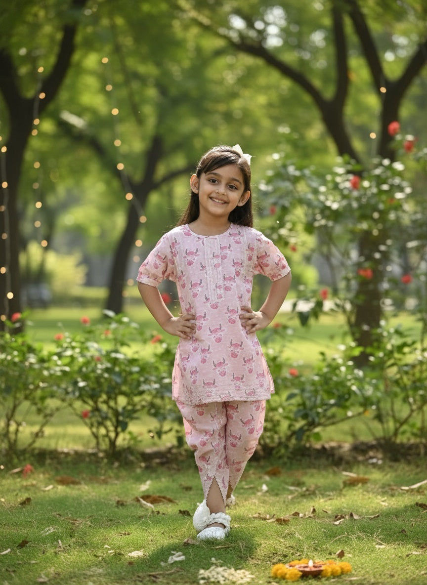 Girls Pink Tropical Print Cotton Blend Kurta And Dhoti Pant Set (K11072)