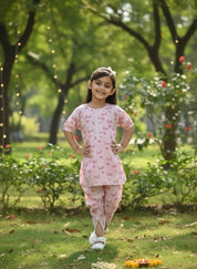 Girls Pink Tropical Print Cotton Blend Kurta And Dhoti Pant Set (K11072)