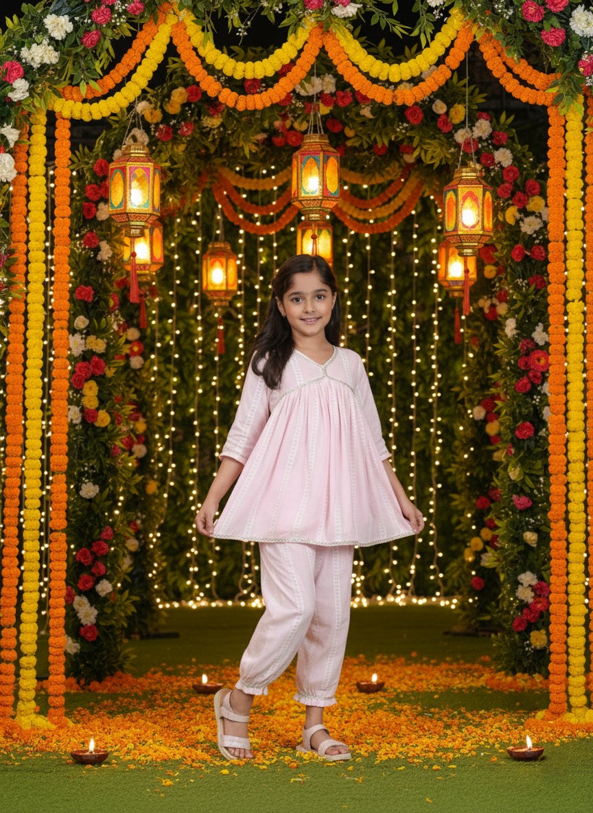 Girls Light Pink & White Striped Cotton Alia Kurta and Afghani Pants Set (K11073)