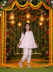 Girls Light Pink & White Striped Cotton Alia Kurta and Afghani Pants Set (K11073)