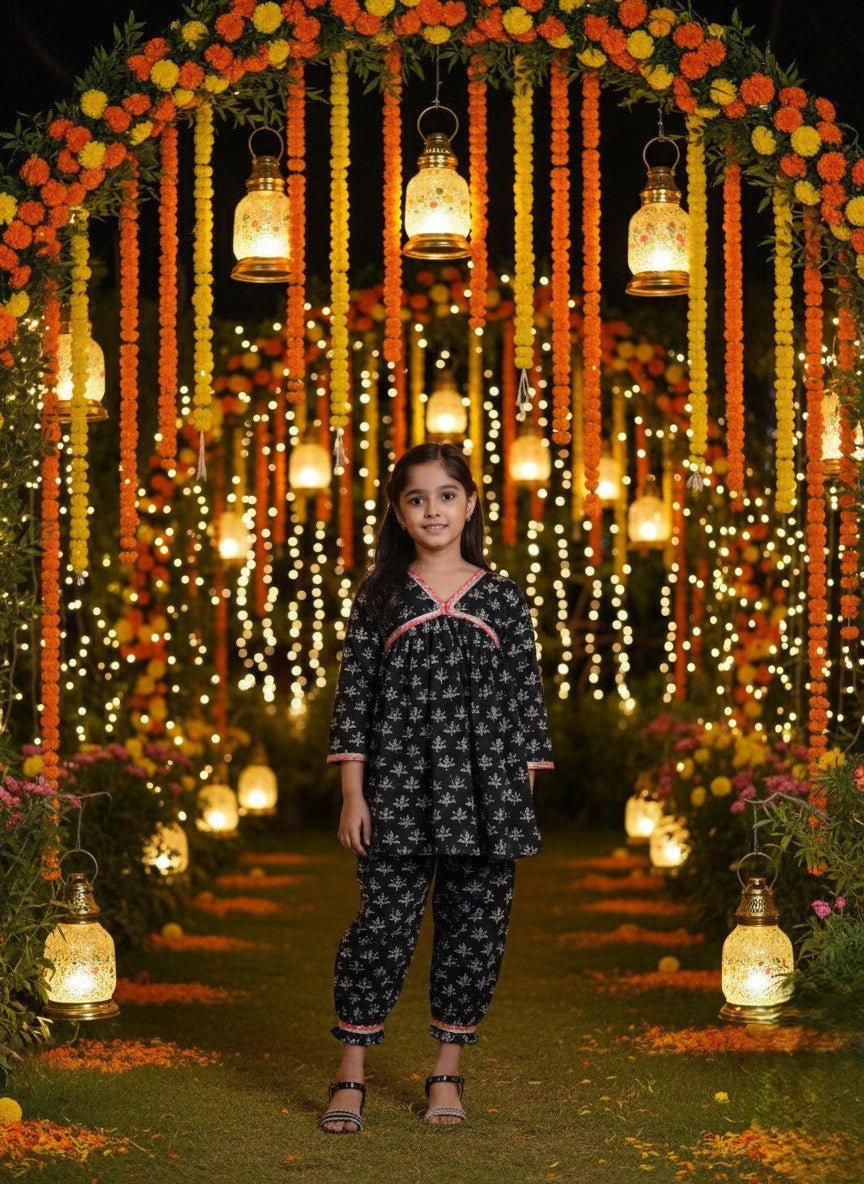 Girls Black Printed Cotton Alia Kurta and Afghani Pants Set (K11074)