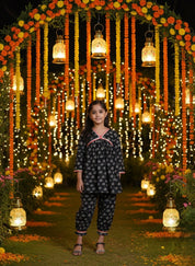 Girls Black Printed Cotton Alia Kurta and Afghani Pants Set (K11074)