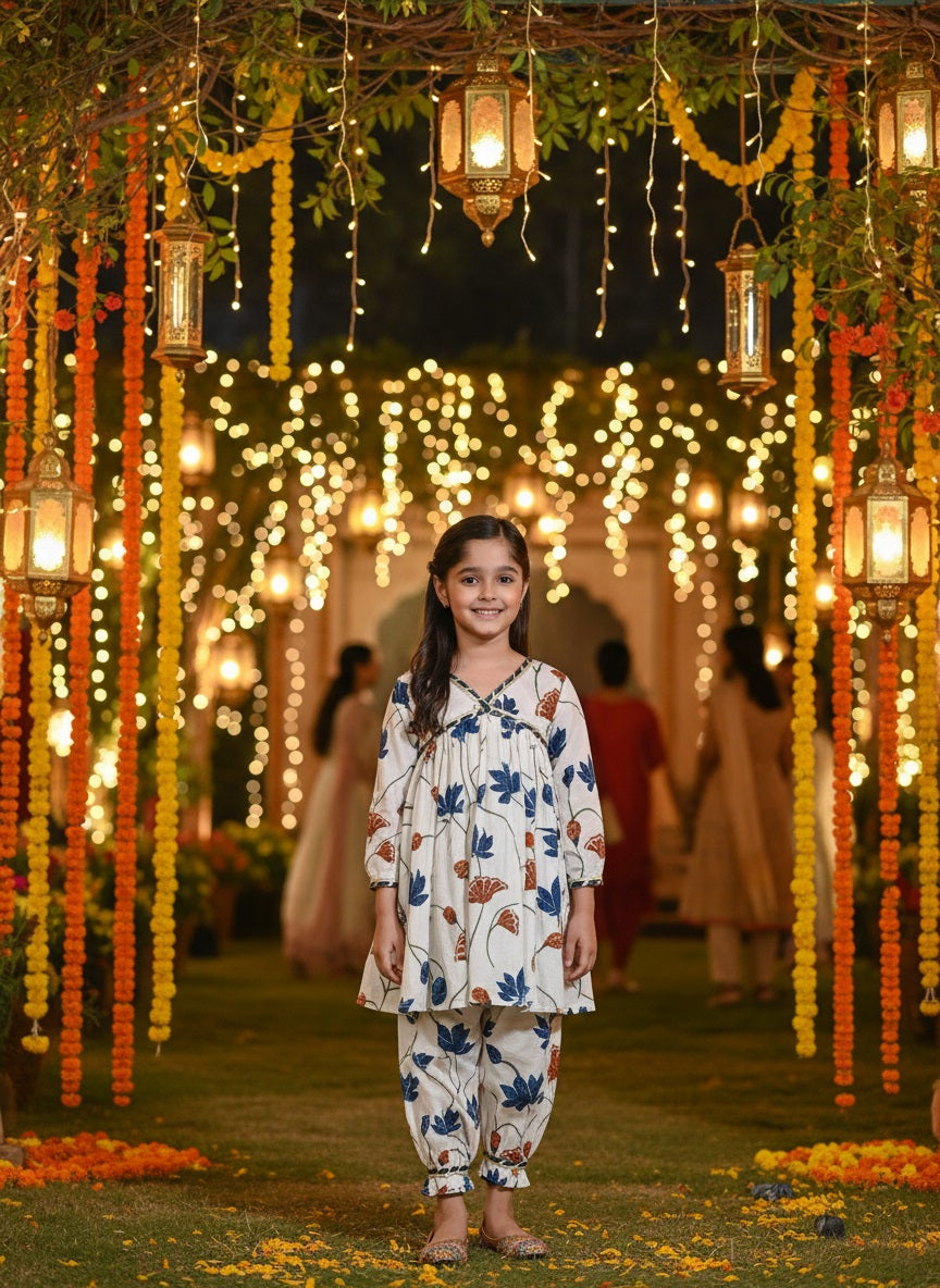 Girls White Floral Printed Cotton Alia Kurta and Afghani Pants Set (K11075)