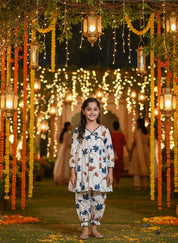 Girls White Floral Printed Cotton Alia Kurta and Afghani Pants Set (K11075)