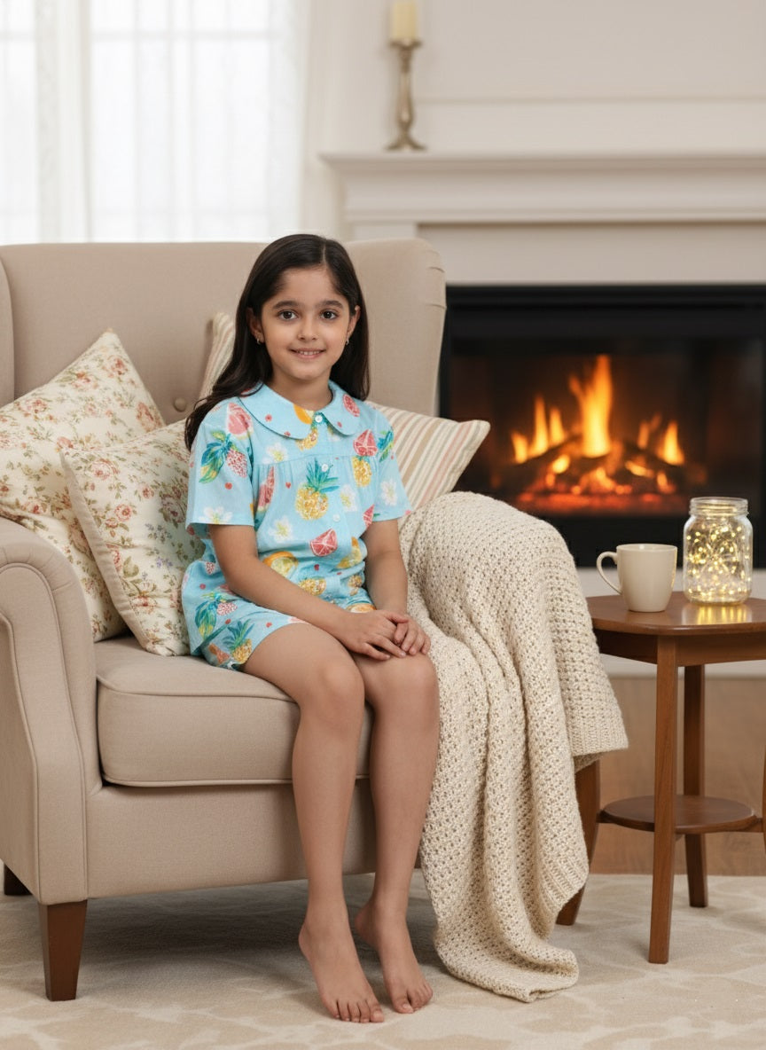 Green Tropical Print Cotton Shirt & Coordinating Shorts Set For Girls (K11076)