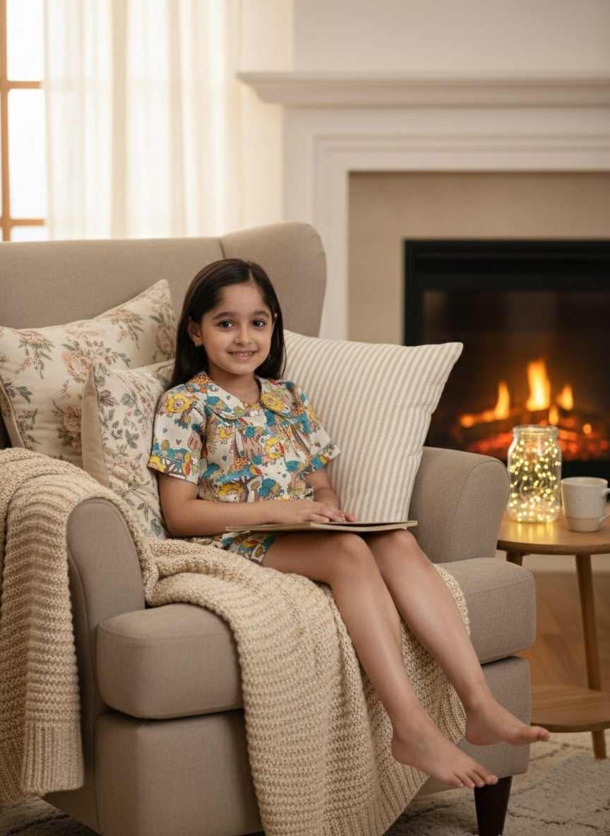 Green Multi Printed Cotton Shirt & Coordinating Shorts Set For Girls (K11077)