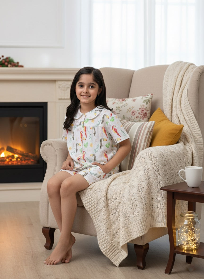 White Tropical Print Cotton Shirt & Coordinating Shorts Set For Girls (K11078)