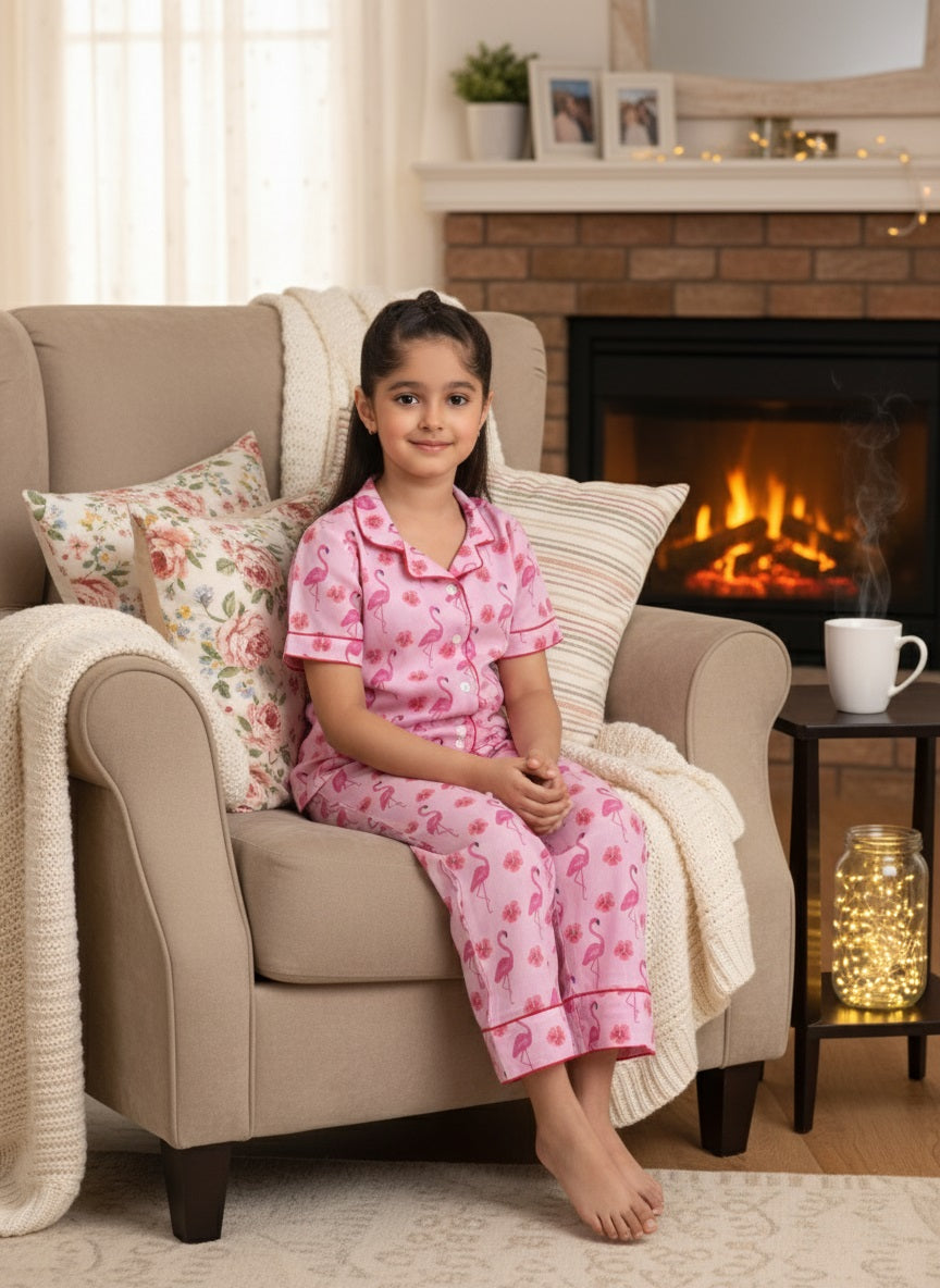 Pink Tropical Print Cotton Full Pant With Shirt Night Suit Set For Girls (K11079)