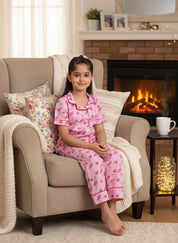 Pink Tropical Print Cotton Full Pant With Shirt Night Suit Set For Girls (K11079)