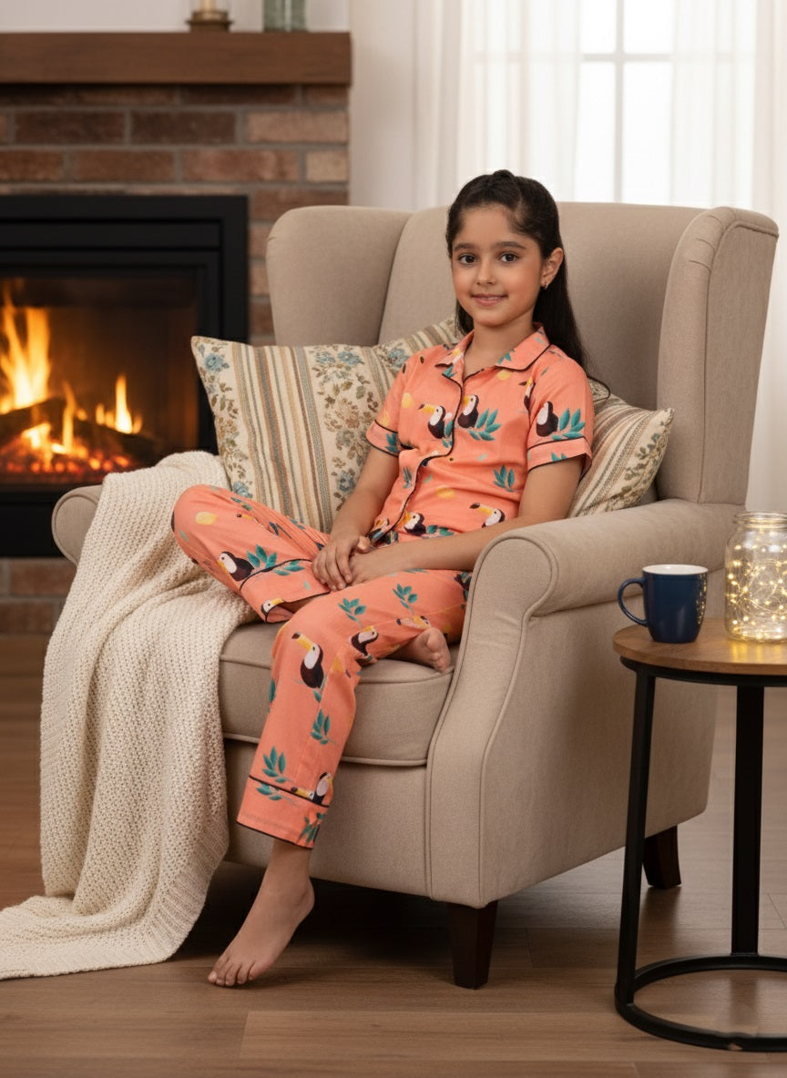 Orange Tropical Print Cotton Full Pant With Shirt Night Suit Set For Girls (K11080)