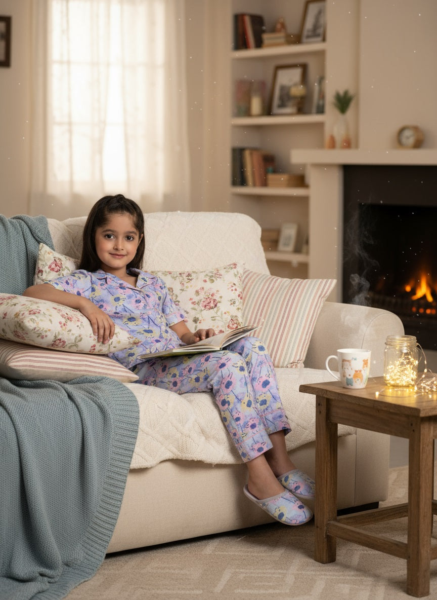 Purple Tropical Print Cotton Full Pant With Shirt Night Suit Set For Girls (K11081)