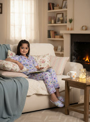 Purple Tropical Print Cotton Full Pant With Shirt Night Suit Set For Girls (K11081)