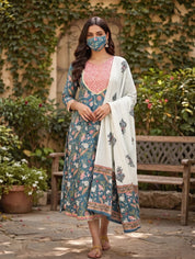 Women Blue & White Printed Pure Cotton Ethnic Kurta With Matching Dupatta Set (W1163)