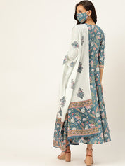 Women Blue & White Printed Pure Cotton Ethnic Kurta With Matching Dupatta Set (W1163)