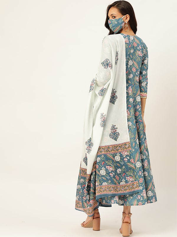 Women Blue & White Printed Pure Cotton Ethnic Kurta With Matching Dupatta Set (W1163)