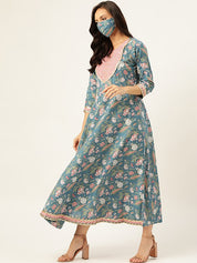 Women Blue & White Printed Pure Cotton Ethnic Kurta With Matching Dupatta Set (W1163)
