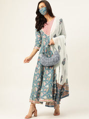 Women Blue & White Printed Pure Cotton Ethnic Kurta With Matching Dupatta Set (W1163)