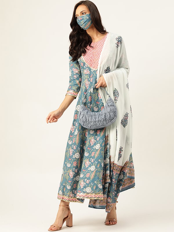 Women Blue & White Printed Pure Cotton Ethnic Kurta With Matching Dupatta Set (W1163)